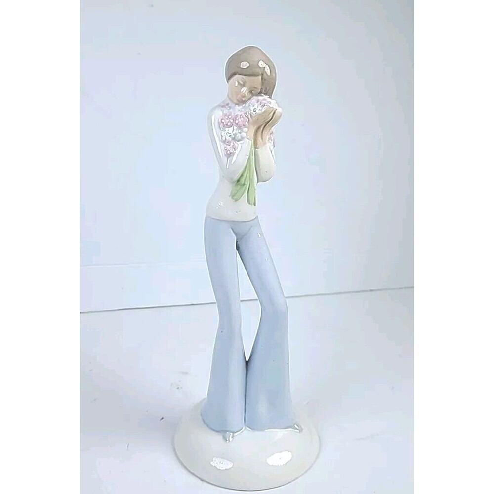 Bell Bottom Blue Jean Girl Flowers Child 70s Ceramic Hippie Hair In Bun Figurine
